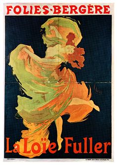 an old french poster shows a woman in a flowing dress, with the words folles - bergre written on it