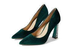 Blue by Betsey Johnson Corie - Women's Shoes : Emerald : Add a touch of glam to your next special occasion in the Blue by Betsey Johnson Corie heels. Slip-on style. Classic pointed toe silhouette. Rhinestone embellishments on block heel. Textile upper. Synthetic lining and insole. Synthetic outsole. Imported. Measurements: Heel Height: 4 in Product measurements were taken using size 8, width M. Please note that measurements may vary by size. White Sandals Flat, Blue By Betsey Johnson, Rhinestone Pumps, Velvet Pumps, Embellished Flats, Flower Shoes, Red Pumps, Rhinestone Heels, Bow Heels