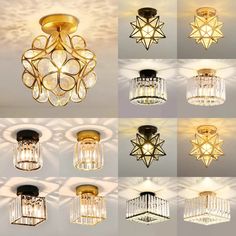 several different types of lights hanging from the ceiling in various shapes and sizes, including one light fixture