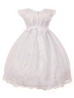 This Christening dress by Rain Kids will make any child's blessing a very special event. Simple and elegant baptism dress with hand beaded allover lace applique bodice. Removable hand made floral brooch on the waist. Full gathered satin skirt with beaded scalloped lace hemline. Zipper closure on the back. Crinoline and full lining within. Matching headband is included. Made in USA. White Floral Applique First Communion Dress, Fitted First Communion Dress With Lace Trim For Pageants, Elegant Lace First Communion Dress With Floral Applique, First Communion Lace Dress For Pageant, First Communion Lace Dress With Lace Trim For Pageant, Lace First Communion Dress For Pageant, Lace First Communion Dress With Lace Trim For Pageant, Lace First Communion Dress With Fitted Bodice For Pageant, Fitted Floral Applique Dress For Confirmation