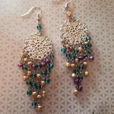 Handcrafted By Me Gold, Purple, Aqua Chandelier Earrings. Silver Tone Metal. Hypoallergenic Ear Wires I Also Have In Bronze Tone Metal See Last Pictures Aqua Chandelier, Earrings Purple, Hand Crafted Jewelry, Aqua Color, Earrings Silver, Chandelier Earrings, Purple Gold, Ear Wires, Handcrafted Jewelry