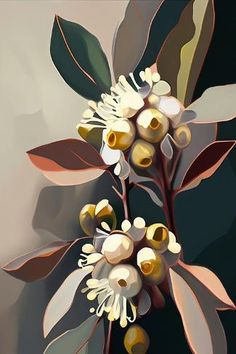 a painting of some white flowers with green leaves