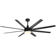 a black ceiling fan with four blades on the top and two light bulbs at the bottom