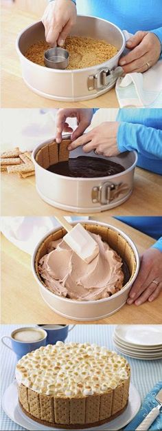 there are three pictures showing how to decorate a cake