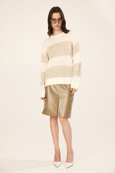 Sweater - Round Neck - Extra-long sleeve - Light beige/striped - Ladies | H&M US Beige Fine Knit Sweater For Fall, Oversized Chic Cropped Sweater For Spring, Oversized Fine Knit Sweater For Work, Spring Chic Oversized Cropped Sweater, Oversized Chic Cropped Sweater, Oversized Casual Knit Top For Work, Chic Oversized Knit Top For Fall, Oversized Neutral Crew Neck Sweater, Oversized Cropped Sweater With Ribbed Cuffs