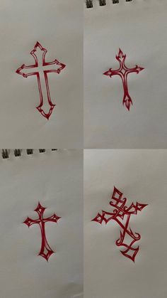 four different crosses drawn in red ink on white paper with black and silver writing underneath