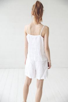 "DETAILS: * Natural 100% linen pajama set for women * Linen shorts and tank top for your comfortable sleep * Great gift for women, bride, girlfriend. * Made from soft wash medium weight (185 g) 100 % European linen fabric * Height of the model is 177 cm (5' 8\") and she is wearing size XS/S * Color - white. Please choose another color and size on the right * Product number: NIGHT02 CARE LABEL * machine wash gentle (40 C/104 F) * dry gentle on low heat * wrinkles give the character so there is no Relaxed Fit Pajama Shorts For Summer Bedtime, Summer Relaxation Sleepwear With Relaxed Fit, Summer Relaxation Sleepwear In Relaxed Fit, Relaxed Fit Summer Sleepwear For Relaxation, Relaxed Fit Summer Sleepwear, Linen Beach Sleepwear For Summer, Summer Beach Linen Sleepwear, Relaxed Summer Sleepwear Shorts, Summer Sleep Pajama Shorts Relaxed Fit