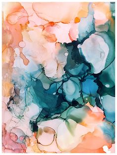 an abstract painting with blue, orange and pink colors on it's surface is featured in this image