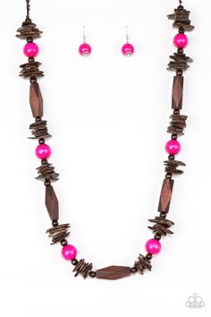 Featuring round, faceted, and distressed finishes, mismatched brown wooden beads are threaded along shiny brown cording. Vivacious pink wooden beads trickle between the earthy accents, adding a colorful finish to the summery palette. Features an adjustable sliding knot closure.

Sold as one individual necklace. Includes one pair of matching earrings. Adjustable Sliding Knot, Sliding Knot Closure, Faceted Bead Necklace, Wooden Necklace, Wood Necklace, Pink Necklace, Sliding Knot, Paparazzi Accessories, Cozumel