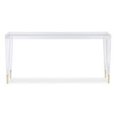 a white table with gold legs and an acrylic finish on the top, in front of a white background