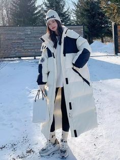 Women Ladies Winter Warm Thicken Mid Long Over Knee Loose Match Color Down Coat | eBay Oversized White Outerwear With Patchwork, Oversized White Patchwork Outerwear, White Patchwork Outerwear For Cold Weather, Trendy White Long Coat Outerwear, Trendy White Long Coat, Trendy White Outerwear With Stand Collar, Streetwear Coat, Cotton Jackets Women, Parka Women