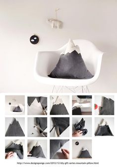 a collage of photos showing how to make a mountain pillow with black and white fabric