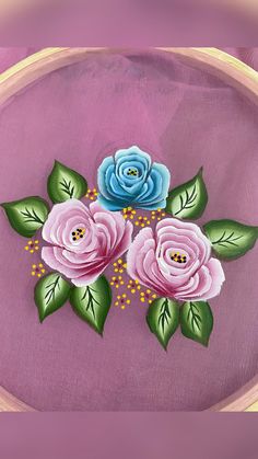 a painting of pink and blue flowers with green leaves