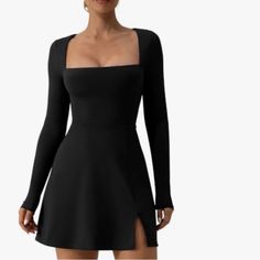 Black Dress Nwt Black Little Dress, Black Dress Long Sleeve, Black Dress Long, Square Neck Long Sleeve, Evening Dresses Short, Mini Robes, Loose Fitting Dresses, Flare Mini Dress, Grad Dresses