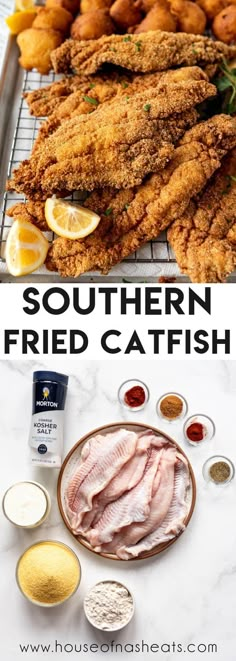 the ingredients for southern fried catfish are shown in this collage