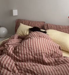 a black cat laying on top of a bed covered in red and white striped sheets