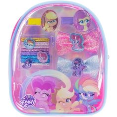 the little pony girls'school bag is packed with various accessories and stickers on it