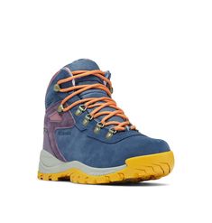 a pair of blue hiking boots with orange laces on the outstretches