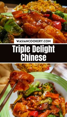 two pictures with different types of food on them and the words triple delight chinese written below