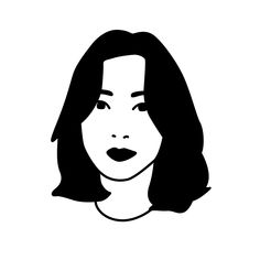 a black and white drawing of a woman's face, with long dark hair