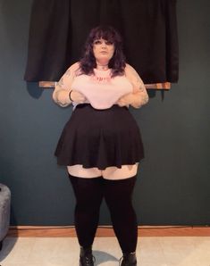 Plus Sized | Soft Goth | Goth | Pink and Black | Plus Sized Gothic | Thigh Highs | Black Skirt | Plus Size Alt | Grunge | Curvy | Shag Bangs | Wolf Cut | Purple Hair | Posing | Plus Size Poses | Tattoos Black Skirt Plus Size, Plus Size Poses, Soft Goth Aesthetic, Chubby Girl Fashion, Soft Goth