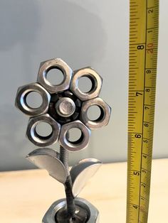 there is a metal sculpture made to look like a flower with nuts in the middle