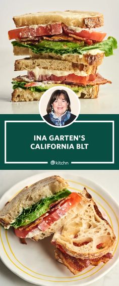 a white plate topped with a cut in half sandwich next to a photo of a woman