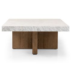 a white marble top coffee table with two wooden legs and an open end section in the middle