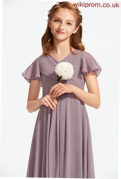 Sanaa Chiffon Junior Bridesmaid Dresses V-neck With Ruffle Floor-Length A-Line Silhouette:: A-Line Neckline:: V-neck Length:: Floor-Length Fabric:: Chiffon Embellishment:: Ruffle Straps:: Sleeves Sleeve:: ShortSleeves BackStyle:: ZipperUp FullyLined:: No Size:: General,Plus Season:: Fall,Spring,Summer This dress could be custom made, there are no extra cost to do custom size and color. Dresses Silhouette, Bridesmaid Dresses Floor Length, Prom Dresses Long Lace, Junior Bridesmaid Dress, Lace Beach Wedding Dress, Prom Dresses Two Piece, Two Piece Homecoming Dress, Dresses Chiffon, Bridesmaid Dresses Online