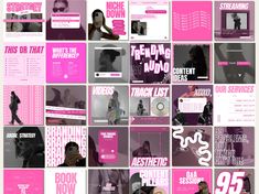 a collage of pink and purple advertising materials