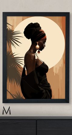 an african woman is shown in front of the sun with palm trees behind her, framed on