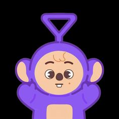 a purple monkey with eyes wide open and hands in the air, on a black background