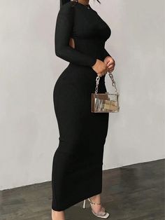 Elegant Long Sleeve Hollow Back Design Dress Black   Long Sleeve Knitted Fabric   High Stretch Fall/Winter Women Clothing, size features are:Bust: ,Length: ,Sleeve Length: Back Design Dress, Dress Black Long Sleeve, Denim Pants Fashion, Long Black Dress, Design Dress, Women Long Dresses, Long Sleeve Bodycon, Midi Dress Bodycon, Back Design