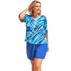 Protect from sun exposure with this swim-friendly tee featuring chlorine-resistant fabric. Split neckline. Wear over your favorite tankini or swimsuit. Unlined. Swim Bra, Plus Size Swim, Swim Shirts, Plus Size Swimsuits, Swimsuits For All, Blue Tie, Blue Ties, Blue Tie Dye, 50 Fashion