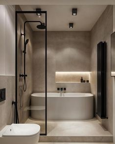 a bathroom with a bathtub, sink and shower in the middle of the room