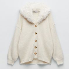 Zara Faux Fur Lapel Cardigan New With Tags // Alpaca/Wool Blend Elegant Cardigan For Cold Weather, Chic Zara Sweater For Winter, Chic Cream Cardigan For Winter, Chic Cream Winter Cardigan, Chic Winter White Sweater For Winter, Elegant Winter Sweater Coat With Soft Knit, Zara Long Sleeve Sweater Coat For Winter, Chic White Soft Knit Outerwear, Elegant Soft Knit Sweater Coat For Winter