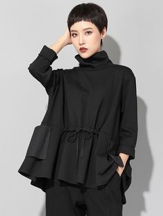 Original Solid Color Smocked High-Neck Sweatshirts BLACK-M Black Crew Neck Blouse For Winter, Black Crew Neck Blouse For Fall, Casual Black Turtleneck Sweatshirt, Black Tops For Fall Workwear, Casual Smock Blouse For Fall, Casual Smocked Blouse For Fall, Black Fall Workwear Tops, Black Sweatshirt For Workwear In Fall, Black Stretch Sweatshirt For Fall