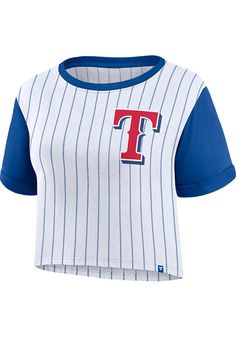 Texas Rangers Womens White Biblend Pinstripe Short Sleeve T-Shirt Sporty Cotton Tops With Striped Sleeves, Sporty Summer Tops With Striped Collar, Sporty Cotton Tops With Vertical Stripes, Casual Tops With Contrast Stripes For College, Blue Cotton Top With Striped Sleeves, Striped T-shirt With Three Stripes For Spring, Spring Striped T-shirt With Three Stripes, White Short Sleeve Top With Striped Sleeves, Collegiate Crew Neck Top With Three Stripes