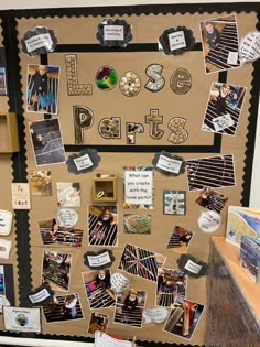 a bulletin board with pictures and magnets on it