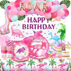 a pink dinosaur birthday party with balloons and decorations