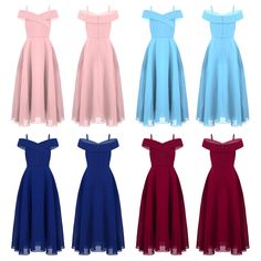 four different colored dresses with one off the shoulder and two short sleeves, all in different colors