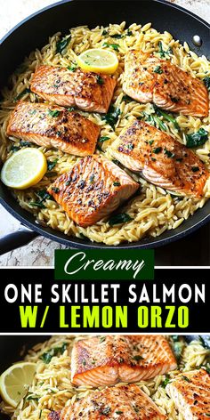 one skillet salmon with lemon orzo is the perfect meal to make for dinner