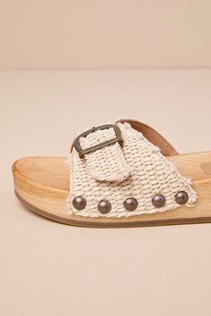 From sundresses to maxi skirts, the Seychelles Sorbet Natural Raffia Flatform Slide Sandals are perfect for all things sunny and stylish this season! These chic and simple sandals feature a wide, adjustable woven raffia toe strap (adorned with studded details along the sides) that secures with a gunmetal-colored buckle, atop an almond-shaped toe bed. A wood-look, flatform sole completes the Boho-inspired design! 1. 25" wood-look flatform sole. Smooth insole with padded heel. Rubber sole has nons Bohemian Sandals With Buckle Closure For Summer, Chic Beach Sandals With Buckle Closure, Bohemian Sandals With Buckle Closure For Spring, Natural Sandals With Braided Straps For Spring, Summer Sandals With Braided Straps For Spring, Spring Bohemian Sandals With Buckle Closure, Summer Beige Sandals With Buckle Closure, Summer Vacation Sandals With Ankle Strap, Casual Woven Sandals For Summer