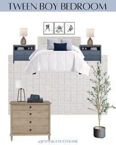 the bedroom is decorated in blue and white