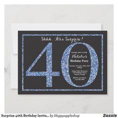 a birthday party card with the number forty and sparkles on it, in blue