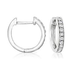 Ross-Simons - .20ct t.w. Diamond Huggie Hoop Earrings in 14kt White Gold. 3/8". Huggie hoop earrings are a style essential, and when you add diamonds, you get a full-blown must-have! Finely crafted in polished 14kt white gold, these chic huggie hoop earrings flaunt .20 ct. t.w. diamonds for a perfect daily dose of supreme sparkle. Hanging length is 3/8". Hinged post, diamond huggie hoop earrings. Diamond birthstones are the perfect gift for April birthdays. Classic Small Hoop Jewelry With Channel Set, Classic Channel Set Huggie Earrings, Classic Channel Set Huggie Jewelry, Classic Huggie Jewelry With Channel Set, Classic Hoop Huggie Earrings With Pave Setting, Classic Small Hoop Sterling Silver Diamond Earrings, Classic Small Hoop Earrings With Channel Set, Classic Small Hoop Earrings With Diamond Accents, Diamond Anklet