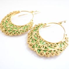 GresianChic FilligreeEarrings UniqueHandmadeJewelry | Etsy Green Metal Hoop Earrings As A Gift, Nickel-free Gold Hoop Earrings For Festive Occasions, Nickel Free Gold Hoop Earrings For Festive Occasions, Gold Nickel-free Hoop Earrings For Festive Occasions, Festive Gold Hoop Earrings Nickel Free, Green Brass Jewelry For Party, Green Bohemian Earrings For Wedding, Bohemian Green Earrings For Wedding, Handmade Green Metal Hoop Earrings