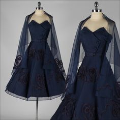 Cocktail Dress With Shawl, Dark Blue Semi Formal Dress, Elegant Vintage Dresses Formal, Dark Blue Vintage Dress, 1950s Evening Dress, 1950s Dresses Formal, 50s Dresses Formal, Blue 50s Dress, 1950s Dress Formal