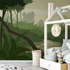 Nulible wallpaper mural in a baby room | WallpaperMural.com Seaside Wallpaper, Vinyl Wall Covering, Cartoon Silhouette, Jungle Mural, Tropical Art Deco, Woodland Wallpaper, Scandinavian Wallpaper, Stylish Nursery, Abstract Wallpaper Design