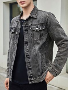 Grey Casual Collar Long Sleeve Denim Plain Other Embellished Non-Stretch  Men Clothing Grey Denim Jacket Outfit Men, Grey Denim Jacket Outfit, Denim Jacket Men Style, Mens Jean Jacket, Grey Jean Jacket, Mens Denim Jacket, Timeless Fashion Pieces